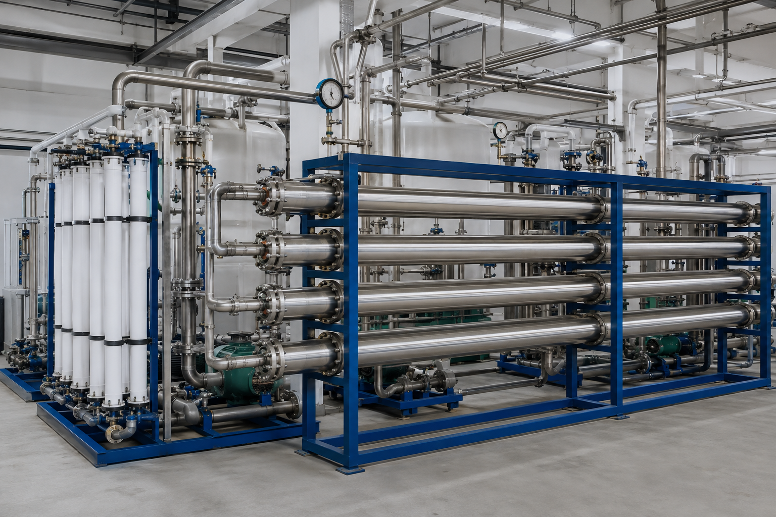 Industrial reverse osmosis system with membrane housings and filtration vessels