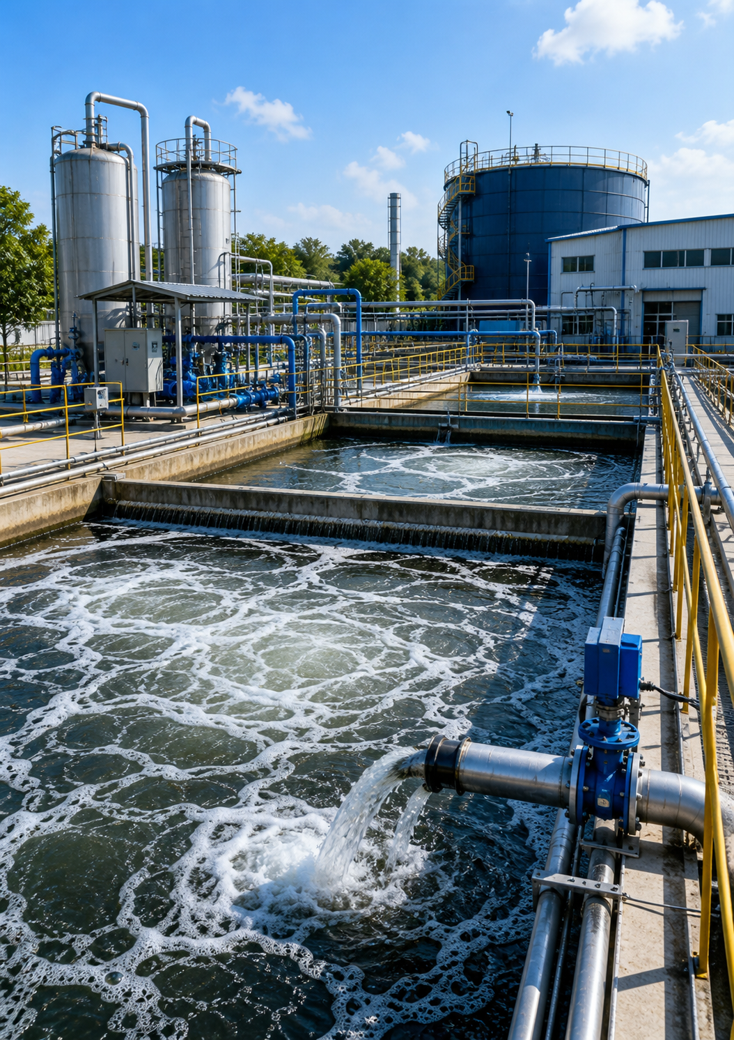 Industrial effluent treatment plant with process tanks, pipework and aeration basins
