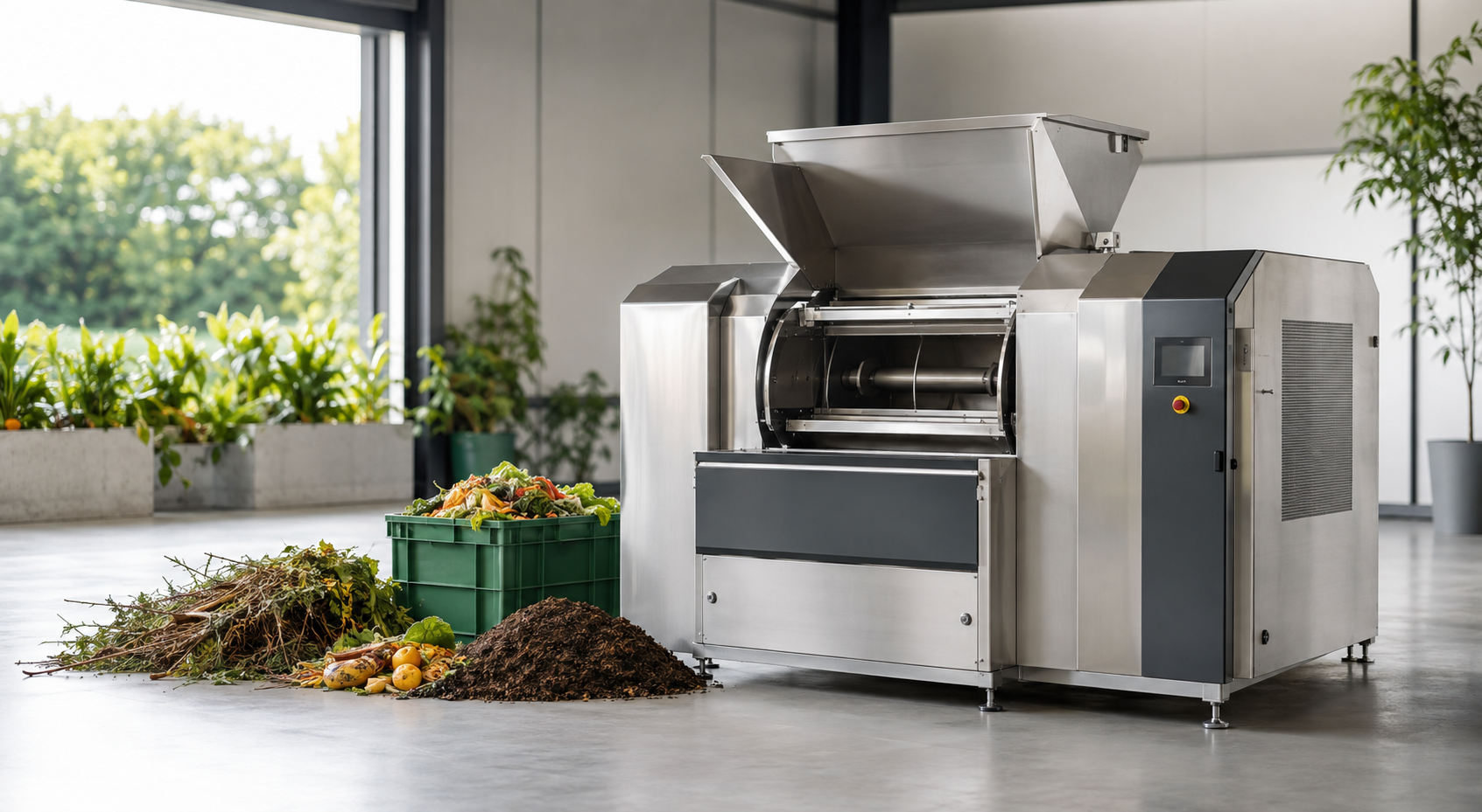 Industrial organic waste composter processing food and garden waste
