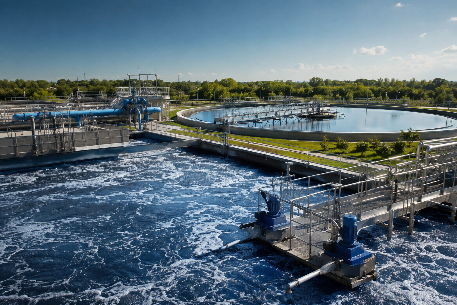 Sewage treatment plant with aeration basins, clarifier tanks and treatment equipment